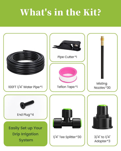 50FT Drip Irrigation System, Garden Watering Kit with 15pcs 360°Adjustable Copper Nozzles, Automatic Atomizing Watering Sprinkler System for Greenhouse, Lawn, Raised Beds, Outdoor Plants