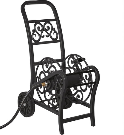 Metal Decorative 200' Hose Cart with Flat-Free Wheels and Foot Caps, Stylish Garden Hose Reel Cart for 200' of Standard Vinyl Hose