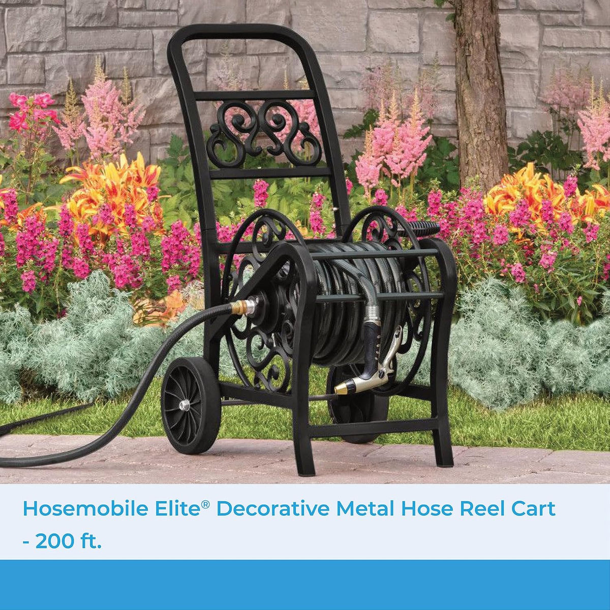 Metal Decorative 200' Hose Cart with Flat-Free Wheels and Foot Caps, Stylish Garden Hose Reel Cart for 200' of Standard Vinyl Hose