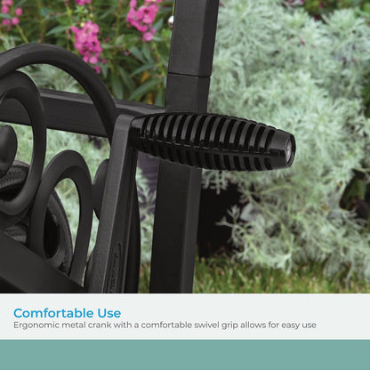 Metal Decorative 200' Hose Cart with Flat-Free Wheels and Foot Caps, Stylish Garden Hose Reel Cart for 200' of Standard Vinyl Hose
