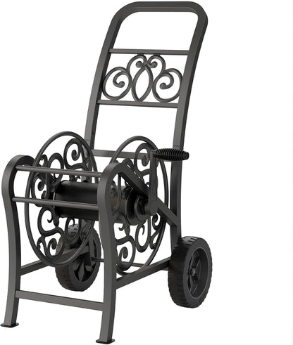 Metal Decorative 200' Hose Cart with Flat-Free Wheels and Foot Caps, Stylish Garden Hose Reel Cart for 200' of Standard Vinyl Hose