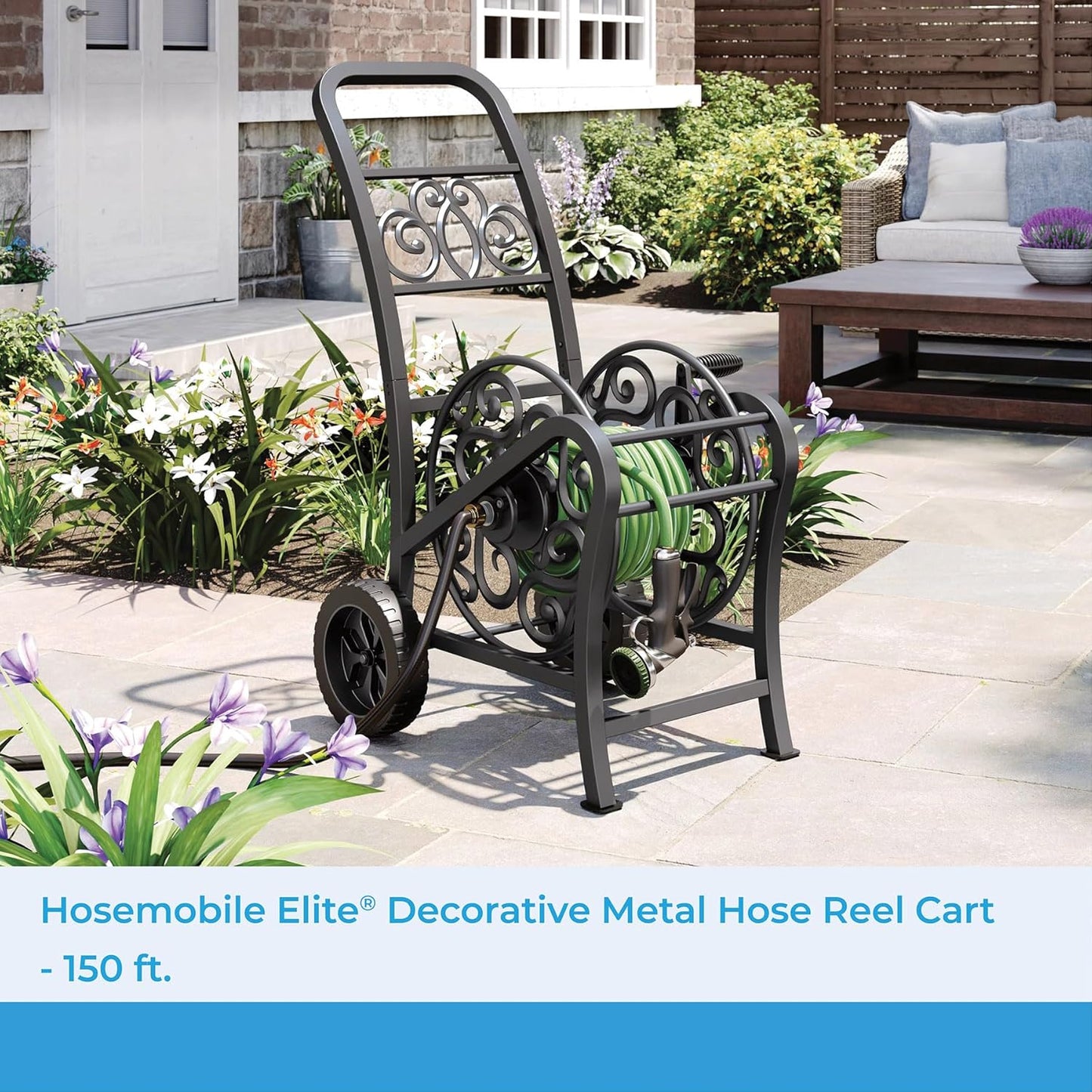 Metal Decorative 200' Hose Cart with Flat-Free Wheels and Foot Caps, Stylish Garden Hose Reel Cart for 200' of Standard Vinyl Hose
