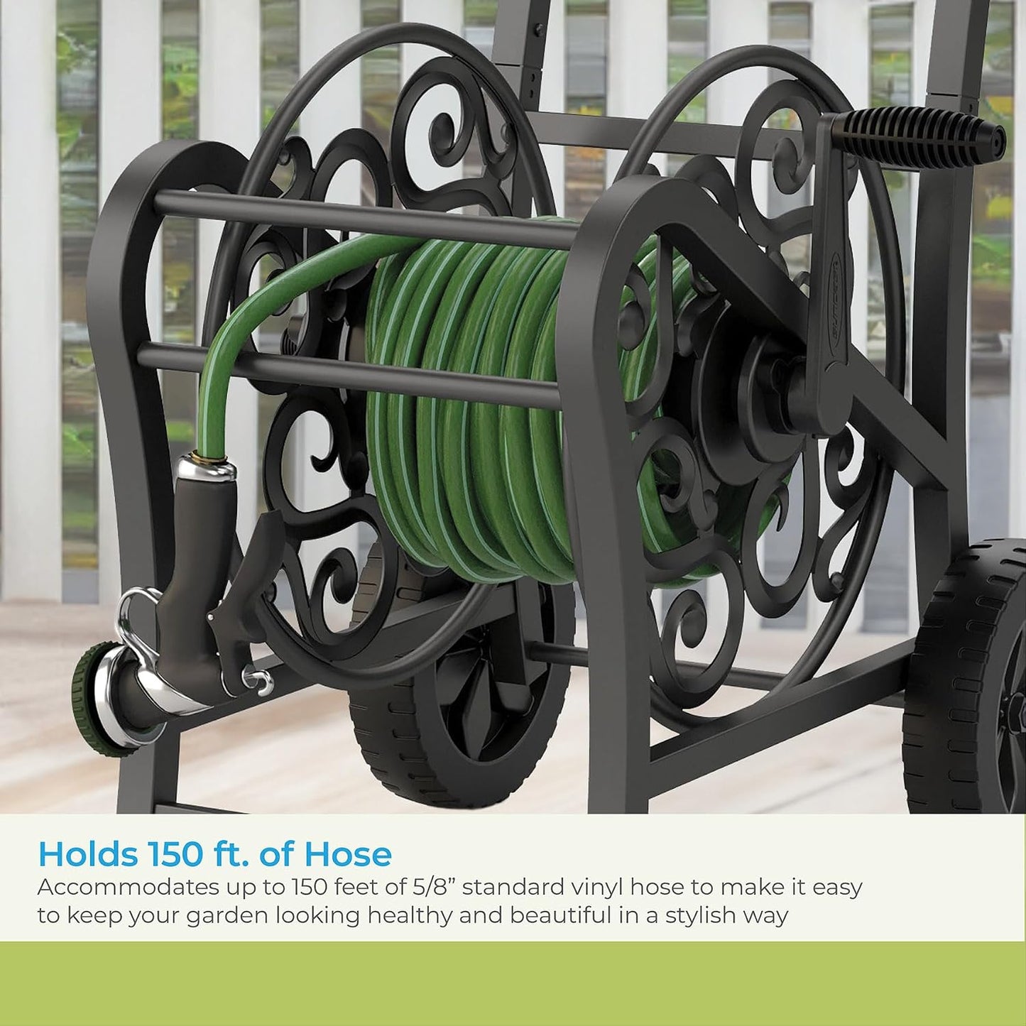Metal Decorative 200' Hose Cart with Flat-Free Wheels and Foot Caps, Stylish Garden Hose Reel Cart for 200' of Standard Vinyl Hose