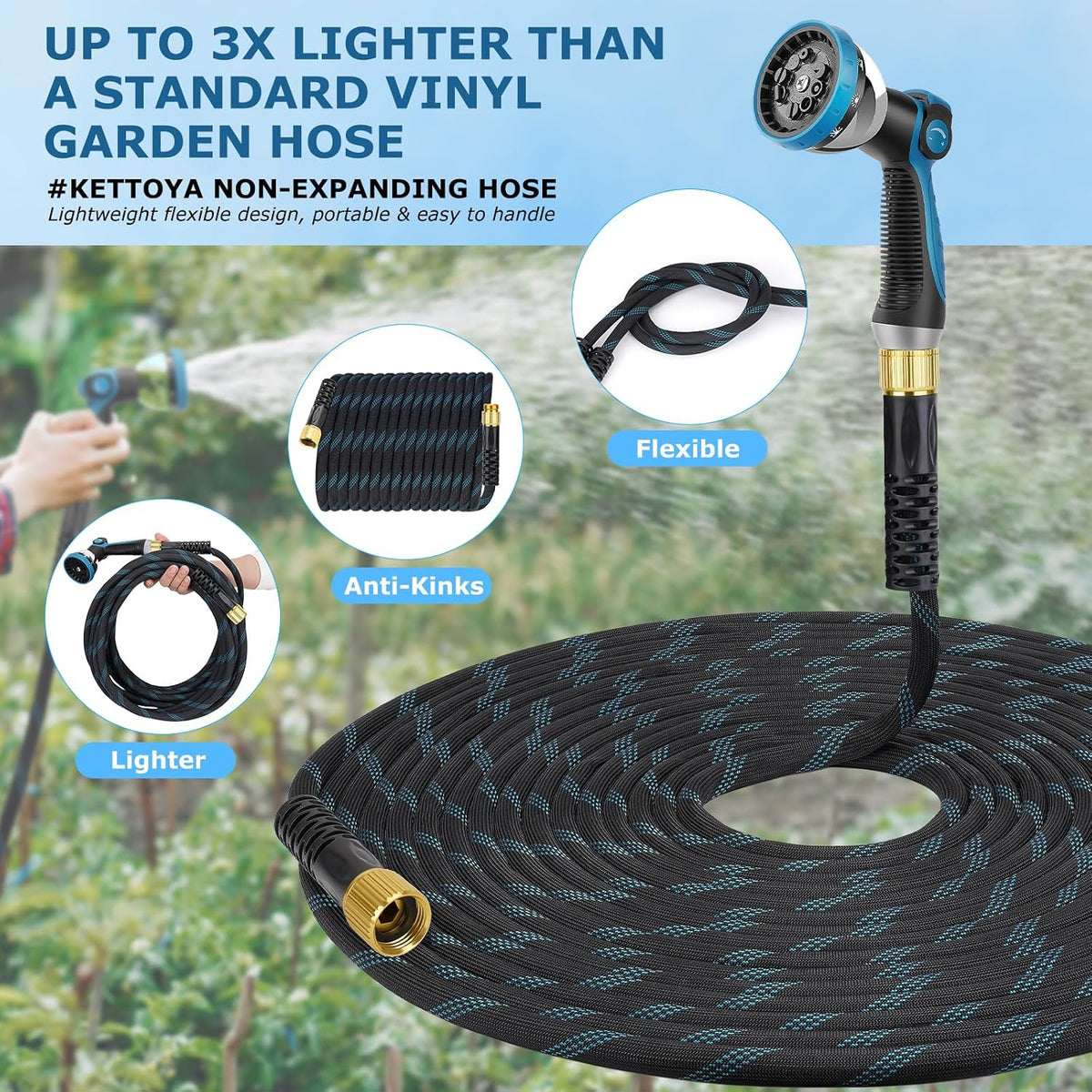 Non-Expanding Garden Hose 100 ft, Kink Free Flexible Water Hose with 10-Pattern Spray Nozzle, Lightweight Hose Pipe, Leak Proof, 3/4" Swivel Connectors, Super Fabric, Portable Storage Strap