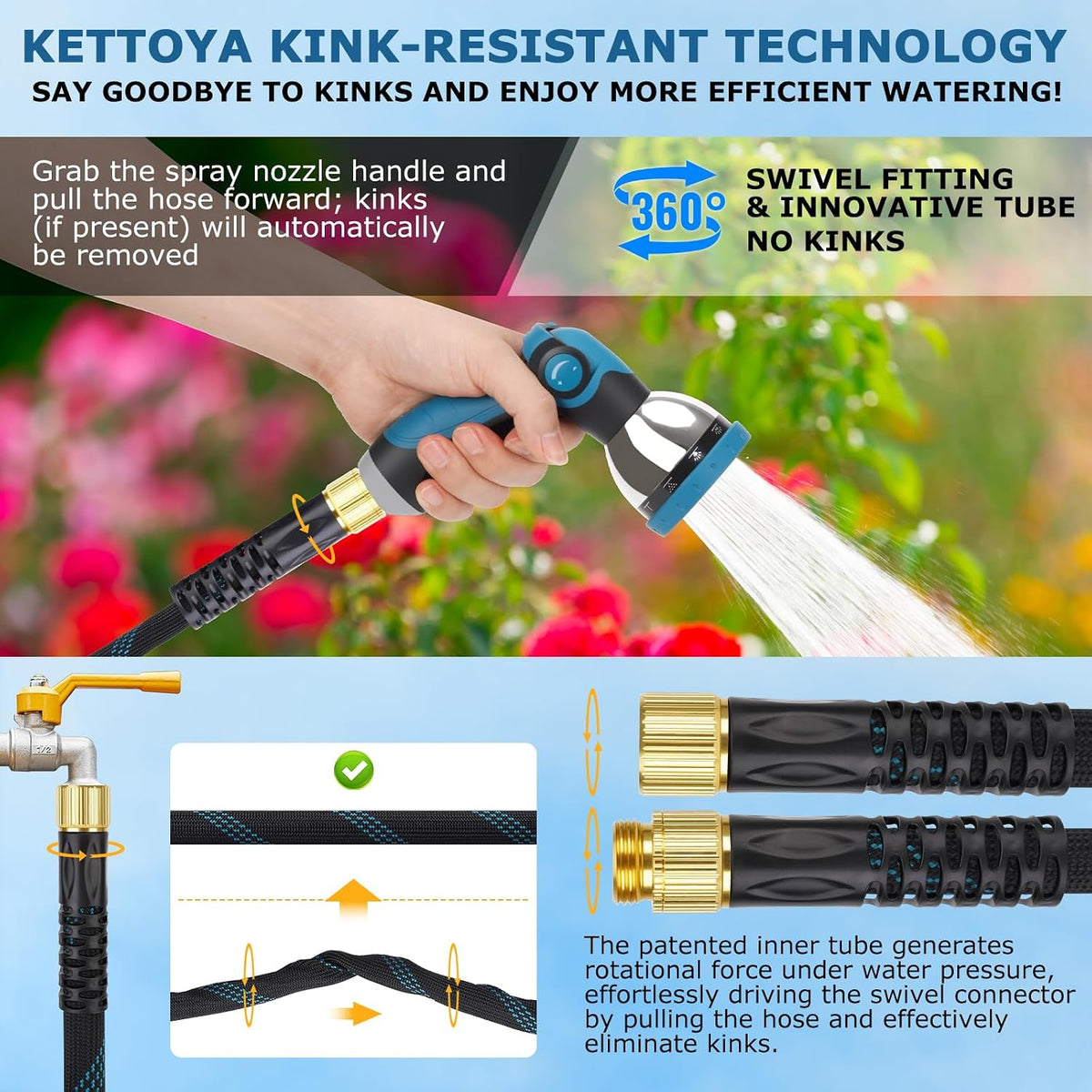 Non-Expanding Garden Hose 100 ft, Kink Free Flexible Water Hose with 10-Pattern Spray Nozzle, Lightweight Hose Pipe, Leak Proof, 3/4" Swivel Connectors, Super Fabric, Portable Storage Strap