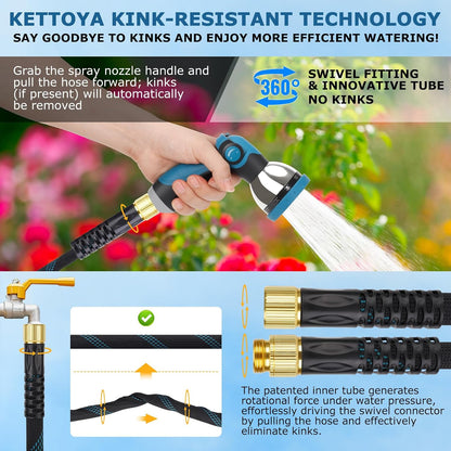 Non-Expanding Garden Hose 100 ft, Kink Free Flexible Water Hose with 10-Pattern Spray Nozzle, Lightweight Hose Pipe, Leak Proof, 3/4" Swivel Connectors, Super Fabric, Portable Storage Strap