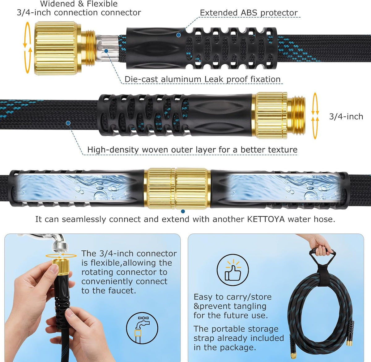 Non-Expanding Garden Hose 100 ft, Kink Free Flexible Water Hose with 10-Pattern Spray Nozzle, Lightweight Hose Pipe, Leak Proof, 3/4" Swivel Connectors, Super Fabric, Portable Storage Strap