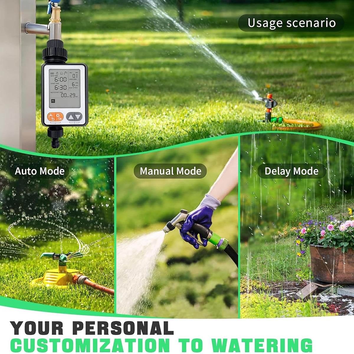 Programmable Water Timer for Garden Hose,10 Independent Watering Programs,Large LCD Display, Digital Sprinkler Timer with Rain Delay, Suitable for lawns, courtyards,and vegetable gardens