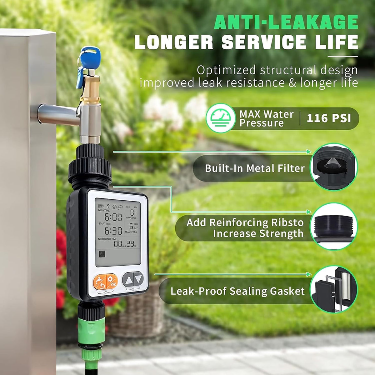 Programmable Water Timer for Garden Hose,10 Independent Watering Programs,Large LCD Display, Digital Sprinkler Timer with Rain Delay, Suitable for lawns, courtyards,and vegetable gardens