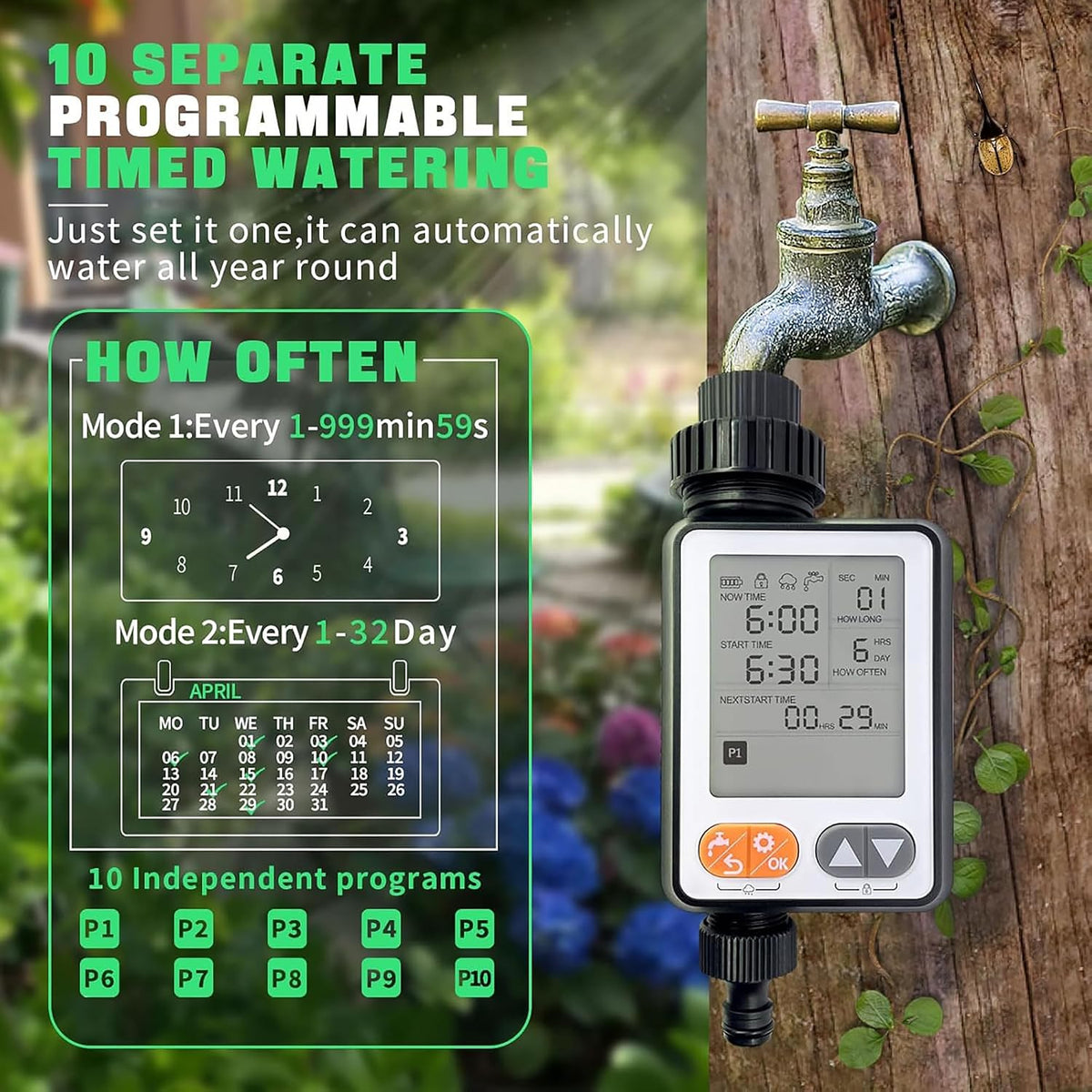 Programmable Water Timer for Garden Hose,10 Independent Watering Programs,Large LCD Display, Digital Sprinkler Timer with Rain Delay, Suitable for lawns, courtyards,and vegetable gardens