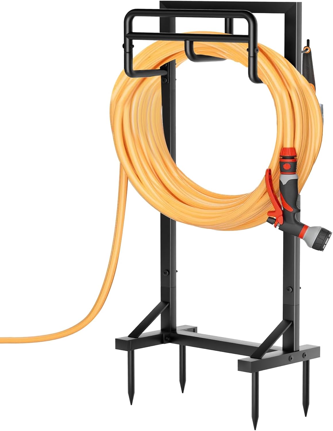 Garden Hose Holder with Stable Base and Tool Hooks, Heavy-Duty Metal Hose Hanger Garden Hose Storage Holds 151Ft Hose, Rustproof Freestanding Water Hose Holder for Outside, Yard, Lawn, Black