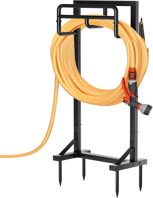 Garden Hose Holder with Stable Base and Tool Hooks, Heavy-Duty Metal Hose Hanger Garden Hose Storage Holds 151Ft Hose, Rustproof Freestanding Water Hose Holder for Outside, Yard, Lawn, Black