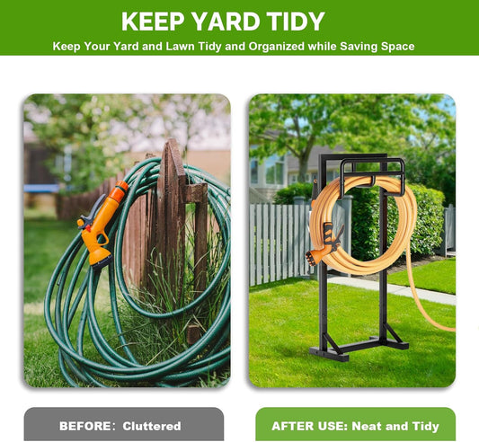 Garden Hose Holder with Stable Base and Tool Hooks, Heavy-Duty Metal Hose Hanger Garden Hose Storage Holds 151Ft Hose, Rustproof Freestanding Water Hose Holder for Outside, Yard, Lawn, Black