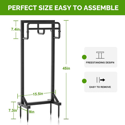 Garden Hose Holder with Stable Base and Tool Hooks, Heavy-Duty Metal Hose Hanger Garden Hose Storage Holds 151Ft Hose, Rustproof Freestanding Water Hose Holder for Outside, Yard, Lawn, Black
