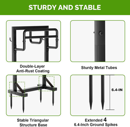 Garden Hose Holder with Stable Base and Tool Hooks, Heavy-Duty Metal Hose Hanger Garden Hose Storage Holds 151Ft Hose, Rustproof Freestanding Water Hose Holder for Outside, Yard, Lawn, Black
