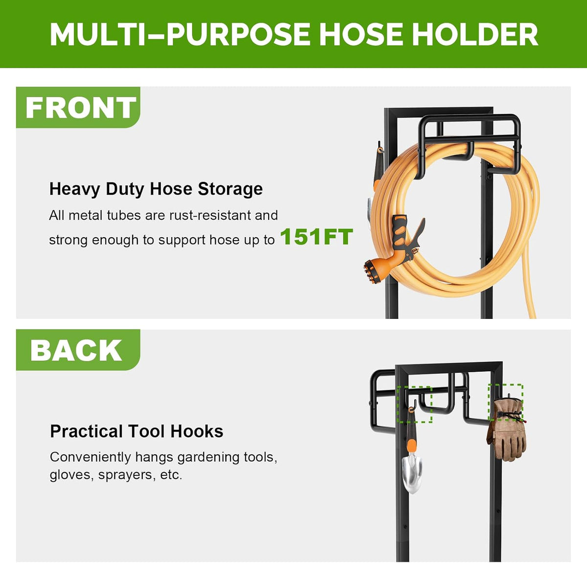 Garden Hose Holder with Stable Base and Tool Hooks, Heavy-Duty Metal Hose Hanger Garden Hose Storage Holds 151Ft Hose, Rustproof Freestanding Water Hose Holder for Outside, Yard, Lawn, Black