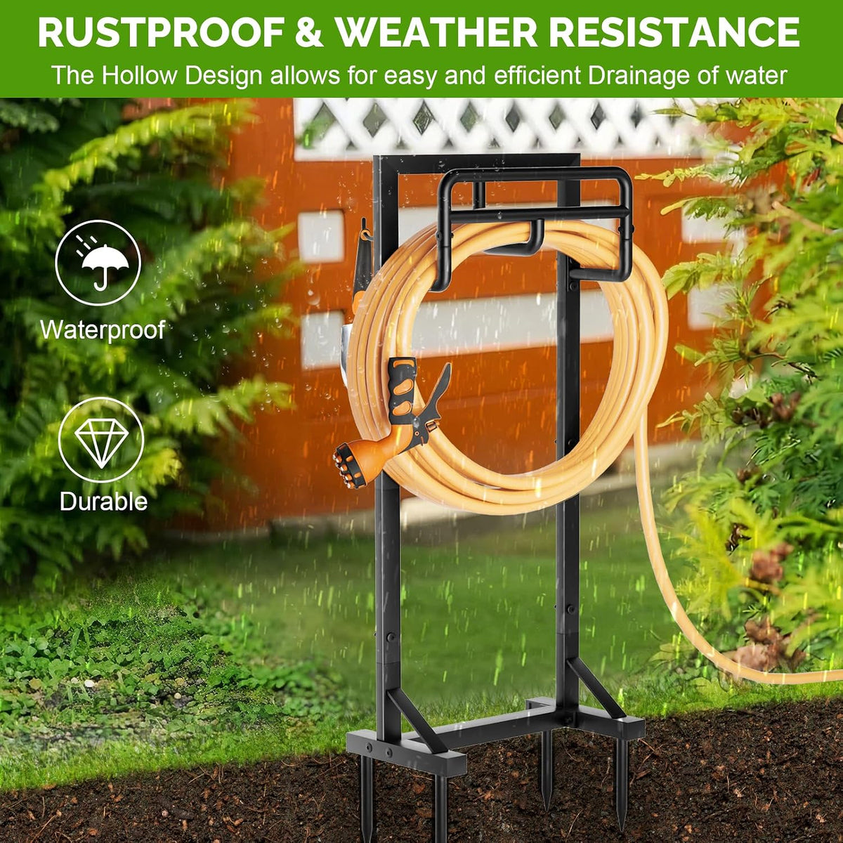 Garden Hose Holder with Stable Base and Tool Hooks, Heavy-Duty Metal Hose Hanger Garden Hose Storage Holds 151Ft Hose, Rustproof Freestanding Water Hose Holder for Outside, Yard, Lawn, Black