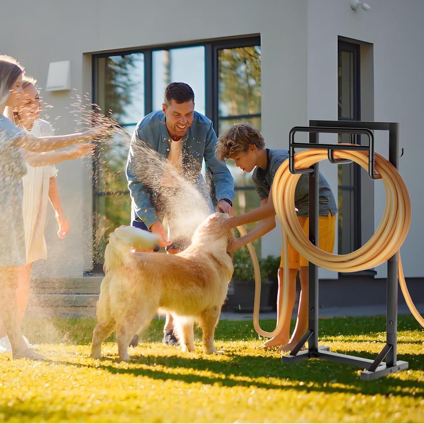 Garden Hose Holder with Stable Base and Tool Hooks, Heavy-Duty Metal Hose Hanger Garden Hose Storage Holds 151Ft Hose, Rustproof Freestanding Water Hose Holder for Outside, Yard, Lawn, Black