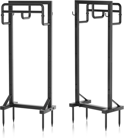 Garden Hose Holder with Stable Base and Tool Hooks, Heavy-Duty Metal Hose Hanger Garden Hose Storage Holds 151Ft Hose, Rustproof Freestanding Water Hose Holder for Outside, Yard, Lawn, Black
