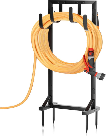 Garden Hose Holder with Stable Base and Tool Hooks, Heavy-Duty Metal Hose Hanger Garden Hose Storage Holds 151Ft Hose, Rustproof Freestanding Water Hose Holder for Outside, Yard, Lawn, Black