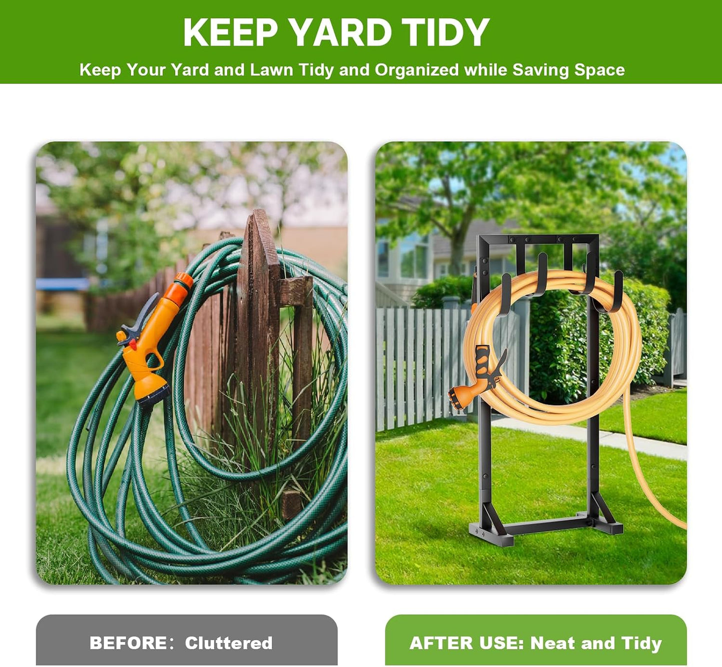 Garden Hose Holder with Stable Base and Tool Hooks, Heavy-Duty Metal Hose Hanger Garden Hose Storage Holds 151Ft Hose, Rustproof Freestanding Water Hose Holder for Outside, Yard, Lawn, Black