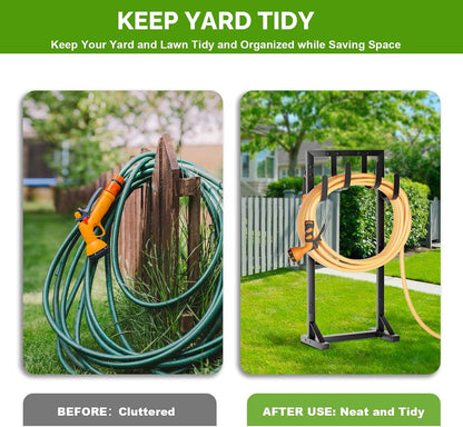 Garden Hose Holder with Stable Base and Tool Hooks, Heavy-Duty Metal Hose Hanger Garden Hose Storage Holds 151Ft Hose, Rustproof Freestanding Water Hose Holder for Outside, Yard, Lawn, Black