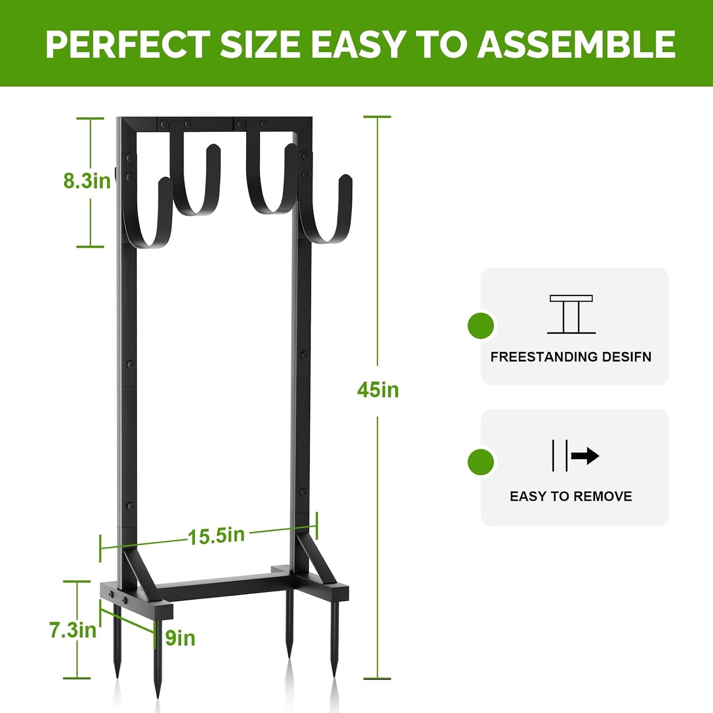 Garden Hose Holder with Stable Base and Tool Hooks, Heavy-Duty Metal Hose Hanger Garden Hose Storage Holds 151Ft Hose, Rustproof Freestanding Water Hose Holder for Outside, Yard, Lawn, Black