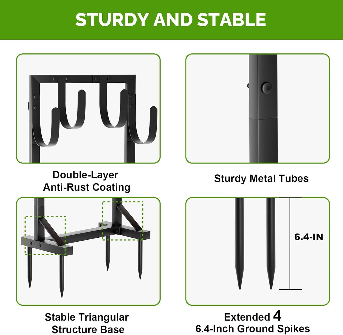 Garden Hose Holder with Stable Base and Tool Hooks, Heavy-Duty Metal Hose Hanger Garden Hose Storage Holds 151Ft Hose, Rustproof Freestanding Water Hose Holder for Outside, Yard, Lawn, Black