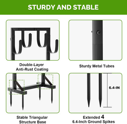 Garden Hose Holder with Stable Base and Tool Hooks, Heavy-Duty Metal Hose Hanger Garden Hose Storage Holds 151Ft Hose, Rustproof Freestanding Water Hose Holder for Outside, Yard, Lawn, Black
