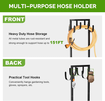 Garden Hose Holder with Stable Base and Tool Hooks, Heavy-Duty Metal Hose Hanger Garden Hose Storage Holds 151Ft Hose, Rustproof Freestanding Water Hose Holder for Outside, Yard, Lawn, Black