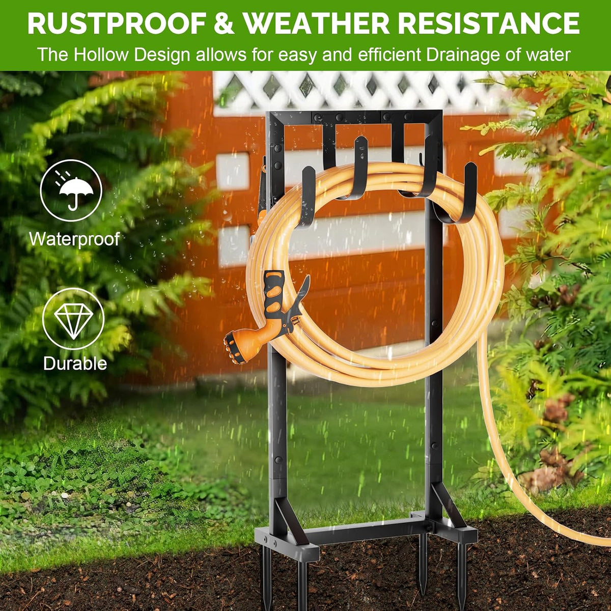 Garden Hose Holder with Stable Base and Tool Hooks, Heavy-Duty Metal Hose Hanger Garden Hose Storage Holds 151Ft Hose, Rustproof Freestanding Water Hose Holder for Outside, Yard, Lawn, Black
