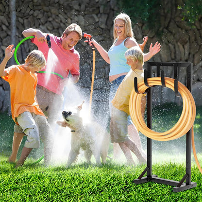 Garden Hose Holder with Stable Base and Tool Hooks, Heavy-Duty Metal Hose Hanger Garden Hose Storage Holds 151Ft Hose, Rustproof Freestanding Water Hose Holder for Outside, Yard, Lawn, Black