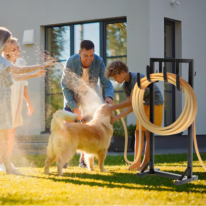 Garden Hose Holder with Stable Base and Tool Hooks, Heavy-Duty Metal Hose Hanger Garden Hose Storage Holds 151Ft Hose, Rustproof Freestanding Water Hose Holder for Outside, Yard, Lawn, Black