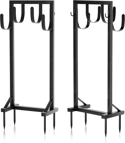 Garden Hose Holder with Stable Base and Tool Hooks, Heavy-Duty Metal Hose Hanger Garden Hose Storage Holds 151Ft Hose, Rustproof Freestanding Water Hose Holder for Outside, Yard, Lawn, Black