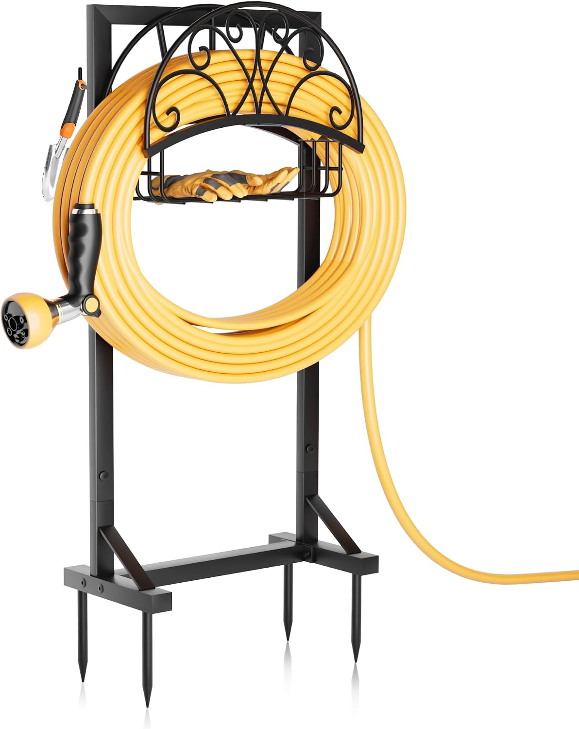 Garden Hose Holder with Stable Base and Tool Hooks, Heavy-Duty Metal Hose Hanger Garden Hose Storage Holds 151Ft Hose, Rustproof Freestanding Water Hose Holder for Outside, Yard, Lawn, Black