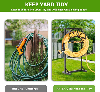 Garden Hose Holder with Stable Base and Tool Hooks, Heavy-Duty Metal Hose Hanger Garden Hose Storage Holds 151Ft Hose, Rustproof Freestanding Water Hose Holder for Outside, Yard, Lawn, Black