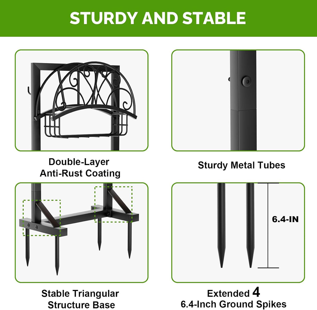 Garden Hose Holder with Stable Base and Tool Hooks, Heavy-Duty Metal Hose Hanger Garden Hose Storage Holds 151Ft Hose, Rustproof Freestanding Water Hose Holder for Outside, Yard, Lawn, Black