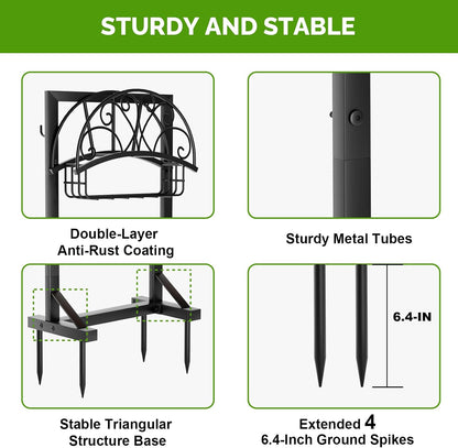 Garden Hose Holder with Stable Base and Tool Hooks, Heavy-Duty Metal Hose Hanger Garden Hose Storage Holds 151Ft Hose, Rustproof Freestanding Water Hose Holder for Outside, Yard, Lawn, Black