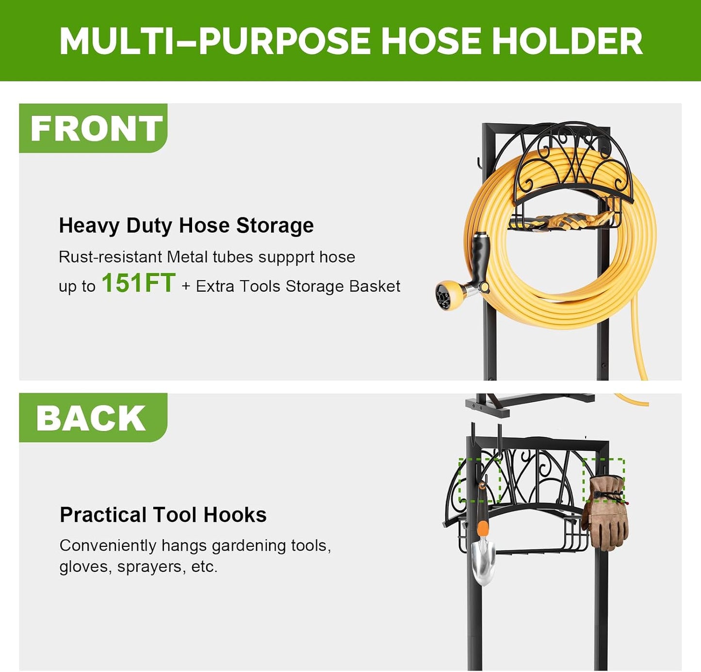 Garden Hose Holder with Stable Base and Tool Hooks, Heavy-Duty Metal Hose Hanger Garden Hose Storage Holds 151Ft Hose, Rustproof Freestanding Water Hose Holder for Outside, Yard, Lawn, Black