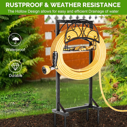 Garden Hose Holder with Stable Base and Tool Hooks, Heavy-Duty Metal Hose Hanger Garden Hose Storage Holds 151Ft Hose, Rustproof Freestanding Water Hose Holder for Outside, Yard, Lawn, Black