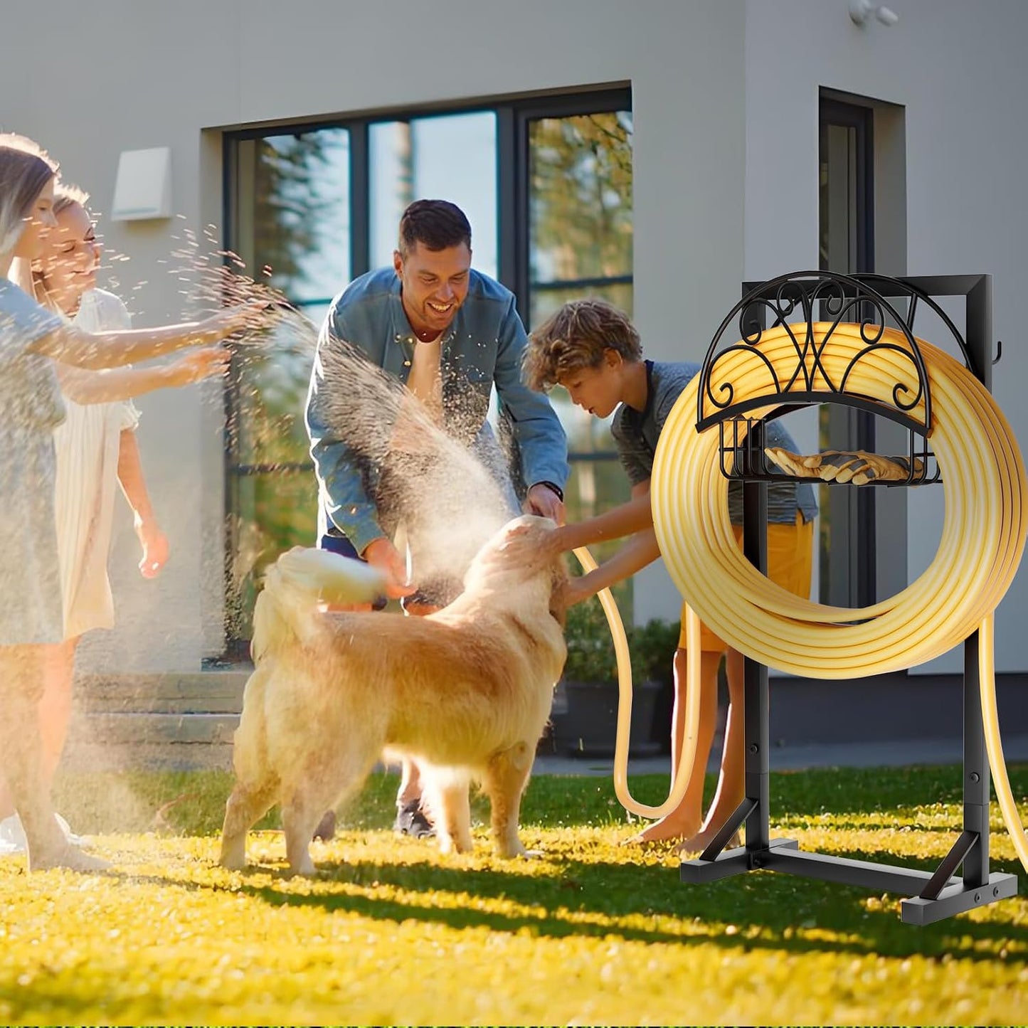 Garden Hose Holder with Stable Base and Tool Hooks, Heavy-Duty Metal Hose Hanger Garden Hose Storage Holds 151Ft Hose, Rustproof Freestanding Water Hose Holder for Outside, Yard, Lawn, Black