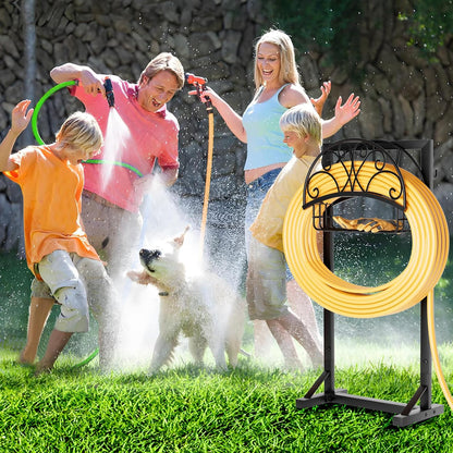 Garden Hose Holder with Stable Base and Tool Hooks, Heavy-Duty Metal Hose Hanger Garden Hose Storage Holds 151Ft Hose, Rustproof Freestanding Water Hose Holder for Outside, Yard, Lawn, Black