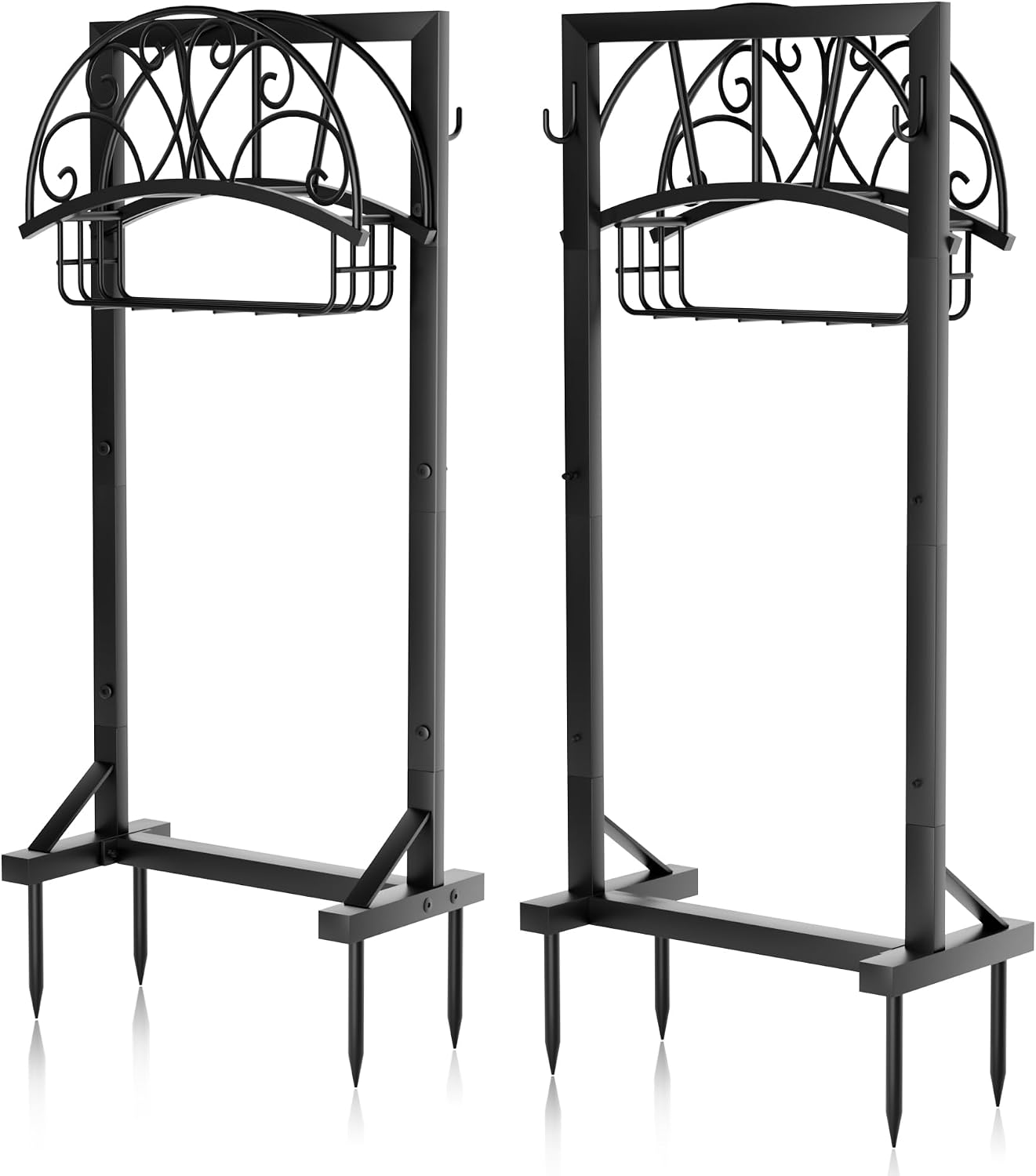 Garden Hose Holder with Stable Base and Tool Hooks, Heavy-Duty Metal Hose Hanger Garden Hose Storage Holds 151Ft Hose, Rustproof Freestanding Water Hose Holder for Outside, Yard, Lawn, Black