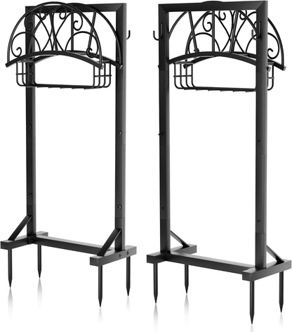 Garden Hose Holder with Stable Base and Tool Hooks, Heavy-Duty Metal Hose Hanger Garden Hose Storage Holds 151Ft Hose, Rustproof Freestanding Water Hose Holder for Outside, Yard, Lawn, Black