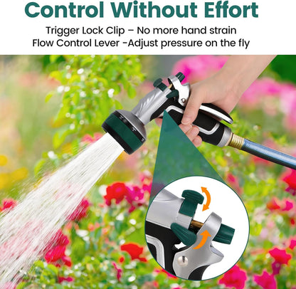 Garden Hose Nozzle, Heavy Duty Metal Water Hose Sprayer Nozzle with 8 Spray Patterns, High Pressure Handheld Nozzle with Flow Control for Lawn & Plant Watering, Car Washing – Forest Green
