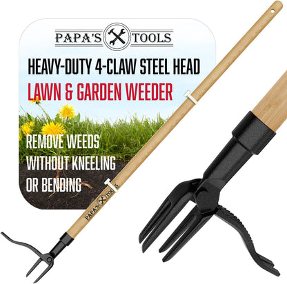 Papa's Tools Weed Puller Tool, 44" Stand Up Weeder Garden Tools & 4 Claw Steel Head, Dual Weed Eject Tech. Made with Real Bamboo & Long Wooden Handle, Yard Weeding Remover for Gardening Men & Women