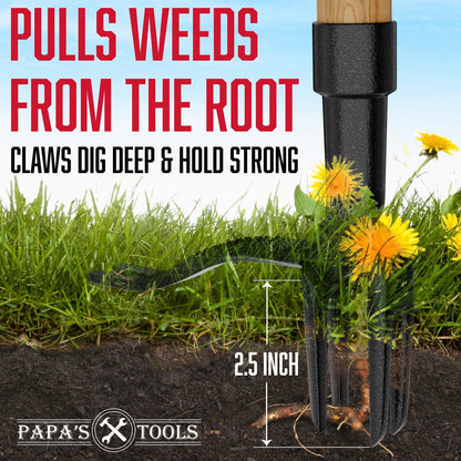 Papa's Tools Weed Puller Tool, 44" Stand Up Weeder Garden Tools & 4 Claw Steel Head, Dual Weed Eject Tech. Made with Real Bamboo & Long Wooden Handle, Yard Weeding Remover for Gardening Men & Women