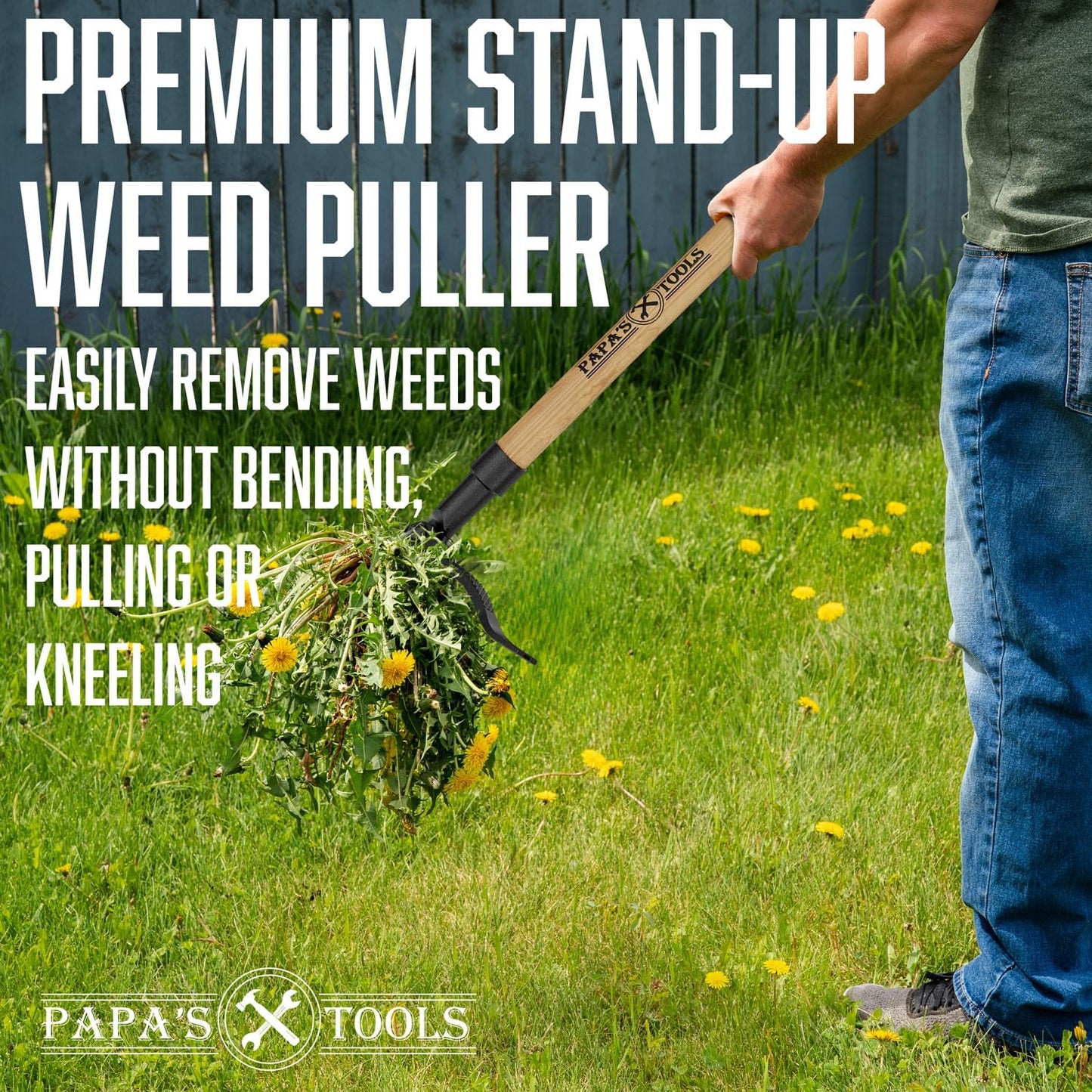 Papa's Tools Weed Puller Tool, 44" Stand Up Weeder Garden Tools & 4 Claw Steel Head, Dual Weed Eject Tech. Made with Real Bamboo & Long Wooden Handle, Yard Weeding Remover for Gardening Men & Women
