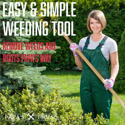Papa's Tools Weed Puller Tool, 44" Stand Up Weeder Garden Tools & 4 Claw Steel Head, Dual Weed Eject Tech. Made with Real Bamboo & Long Wooden Handle, Yard Weeding Remover for Gardening Men & Women