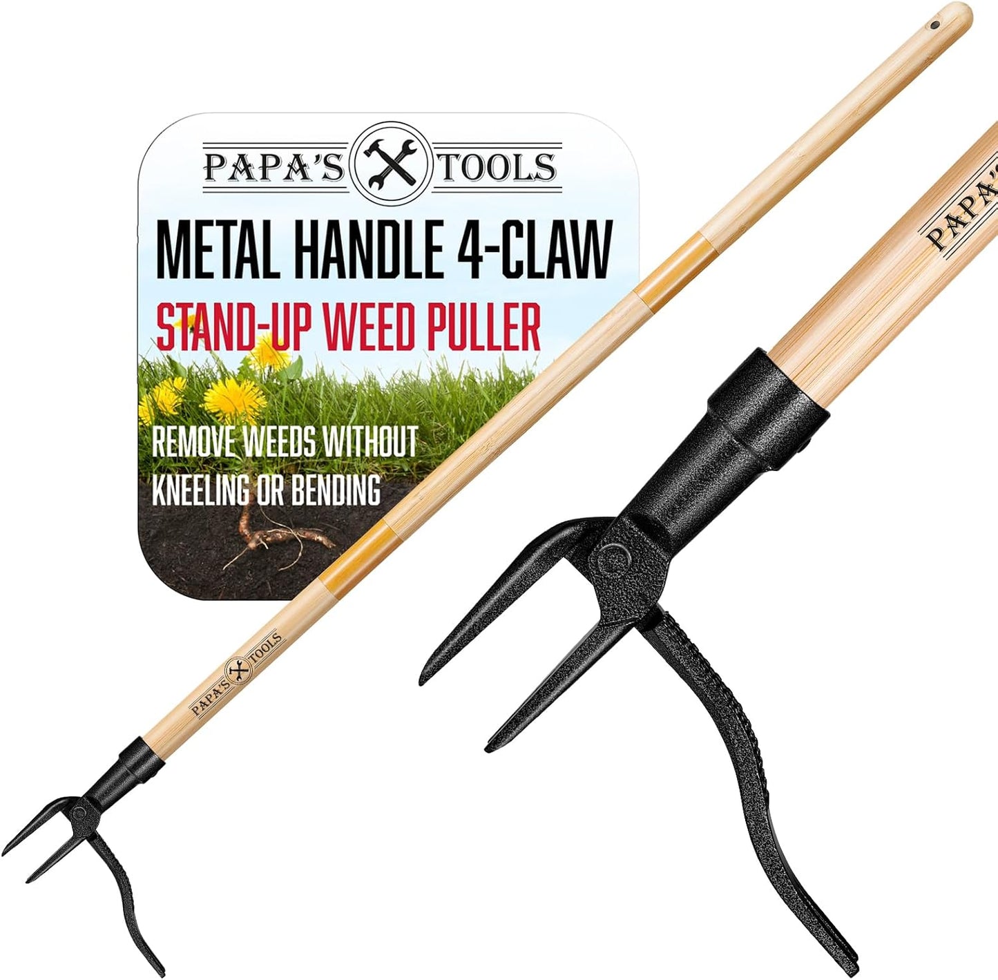 Papa's Tools Weed Puller Tool, 44" Stand Up Weeder Garden Tools & 4 Claw Steel Head, Dual Weed Eject Tech. Made with Real Bamboo & Long Wooden Handle, Yard Weeding Remover for Gardening Men & Women
